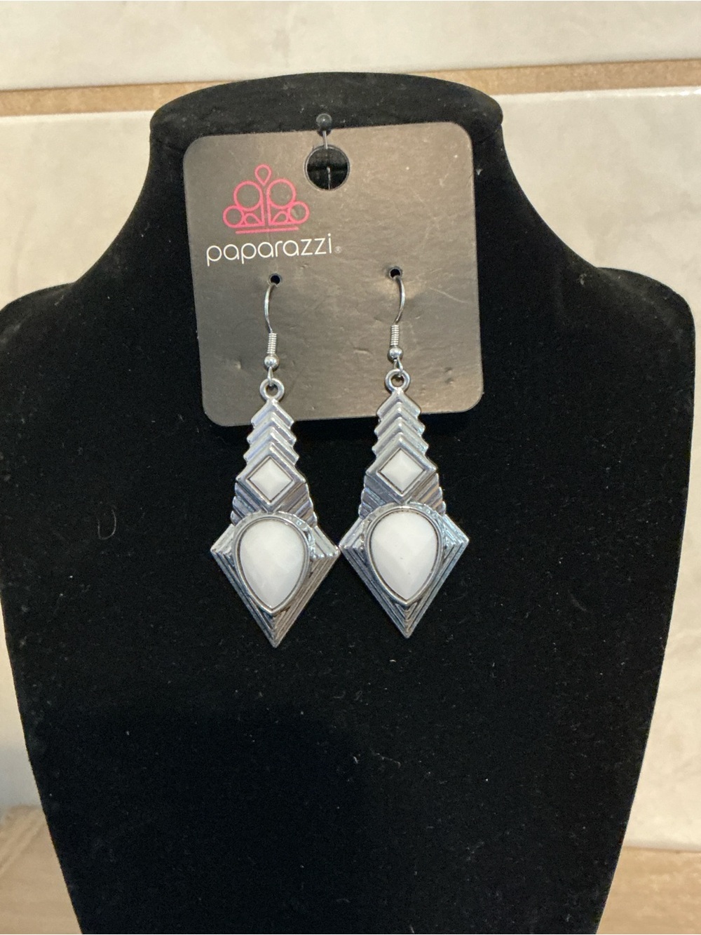 Paparazzi Silver and White Geometric Teardrop Dangle Earrings